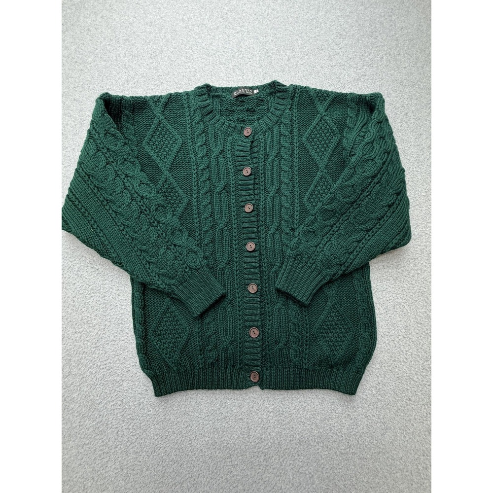 Blarney Woollen Mills Sweater Mens Medium Green 100% Wool Cable Knit Cardigan
